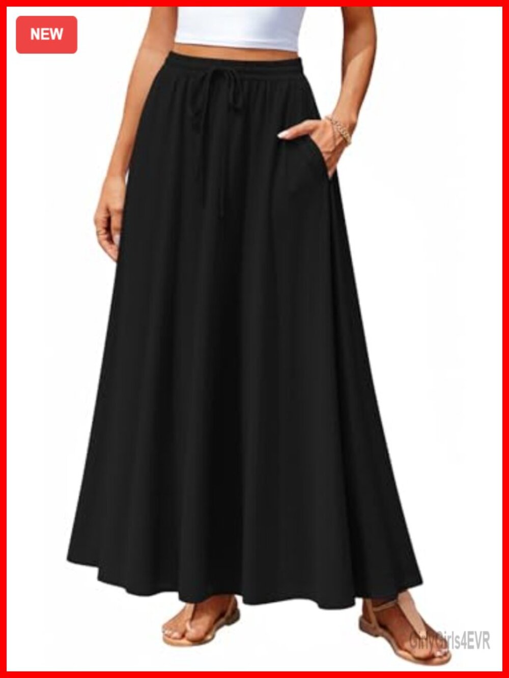 Pleated Flowy A Line Maxi Skirt Side Pockets Drawstring Waist